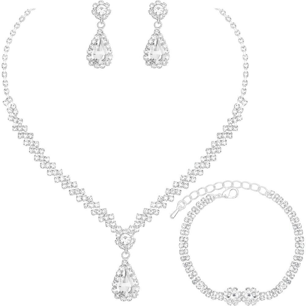 Crystal Jewelry Set Women Silver Bridal Wedding Accessories Necklace Earrings Br